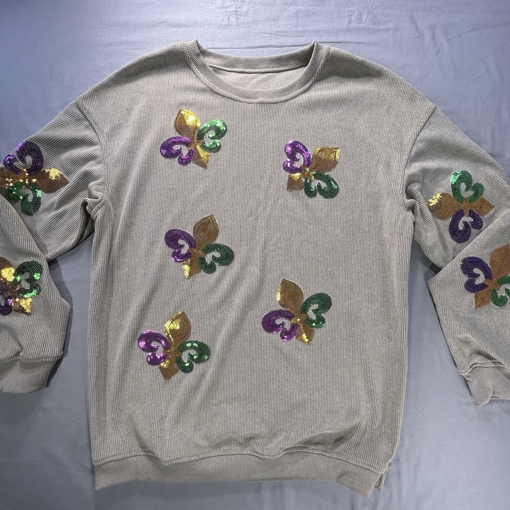 Sequin Mardi Gras Sweater Men's‎ Large New Orleans Fleur De Lis